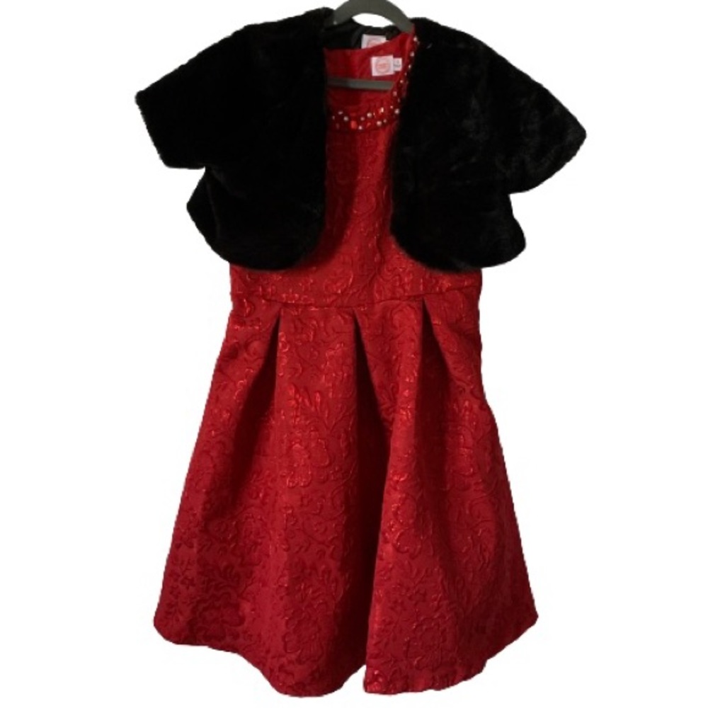NWT Christmas Holiday Pictures Dress Red Brocade Jeweled Neckline Faux Fur Shrug